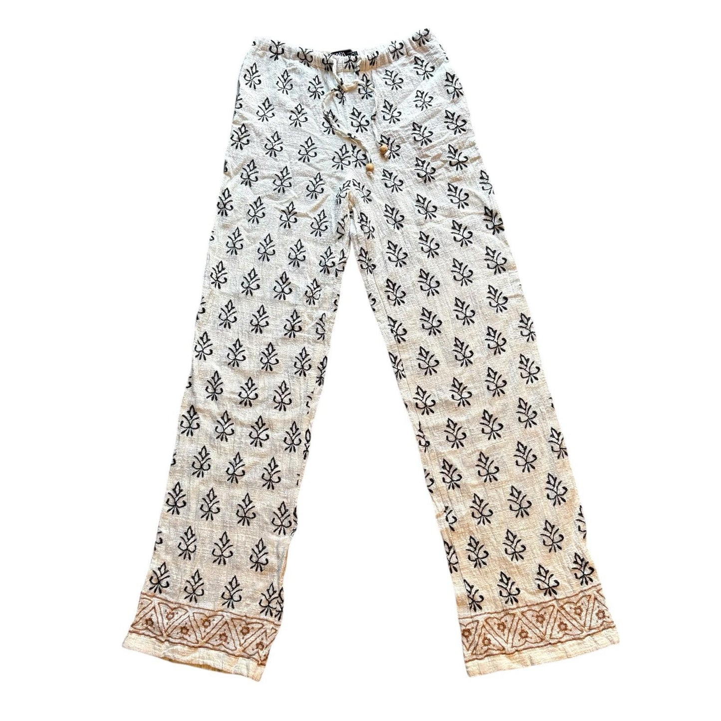 ZARA Pants Embroidered Rustic Cream Drawstring Boho SIZE XS Womens