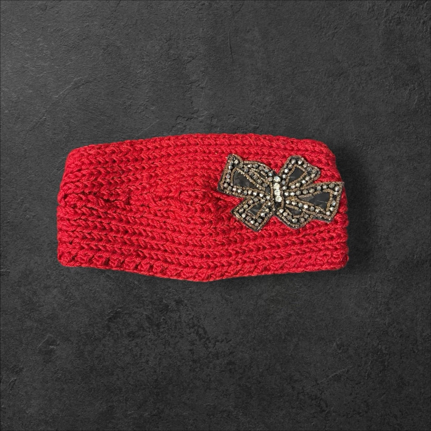Red Crocheted Ear Warmer Headband with Beaded Bow — Cozy Winter Accessory