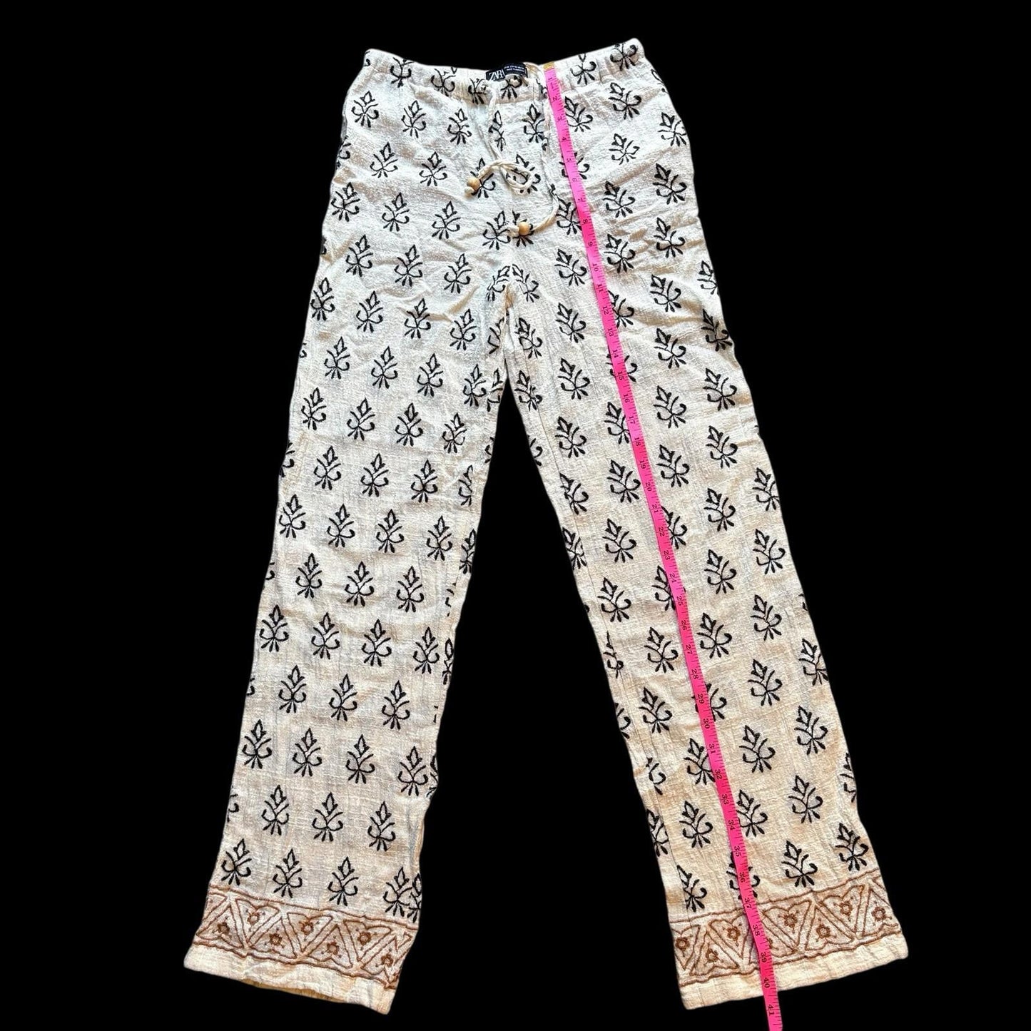 ZARA Pants Embroidered  Rustic Cream Drawstring Boho SIZE XS Womens