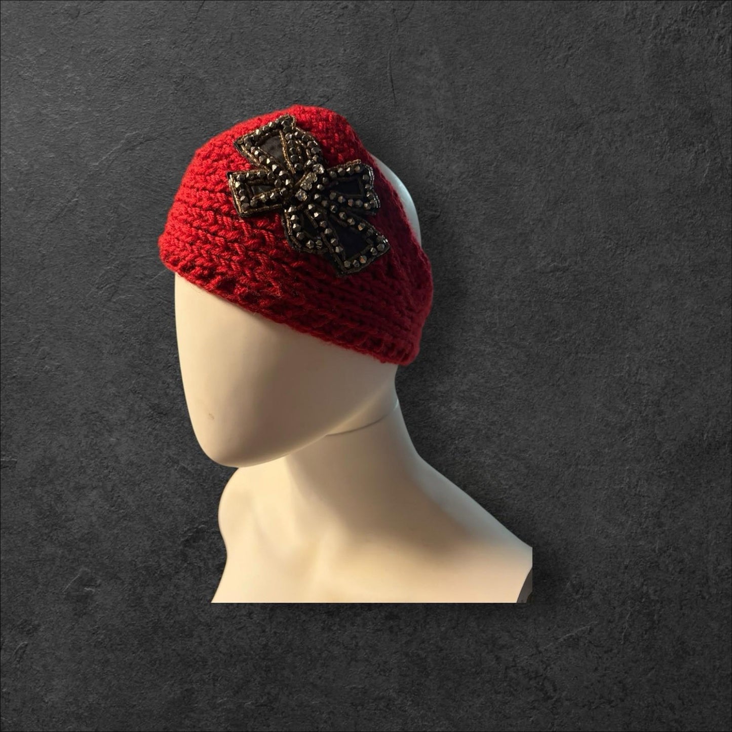 Red Crocheted Ear Warmer Headband with Beaded Bow — Cozy Winter Accessory