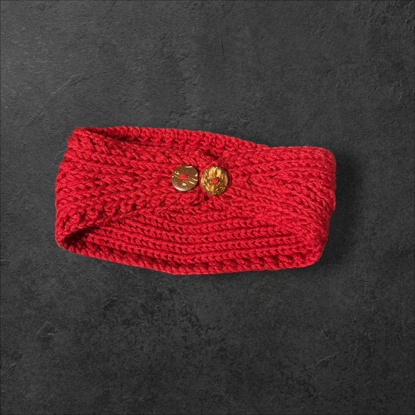 Red Crocheted Ear Warmer Headband with Beaded Bow — Cozy Winter Accessory