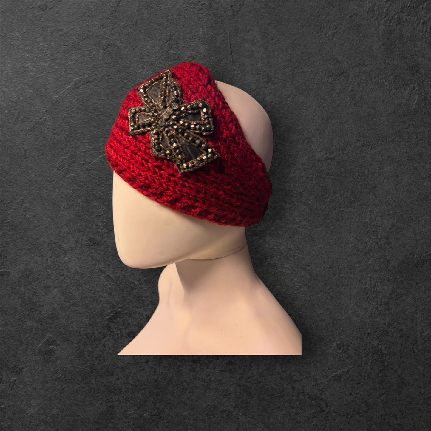 Red Crocheted Ear Warmer Headband with Beaded Bow — Cozy Winter Accessory
