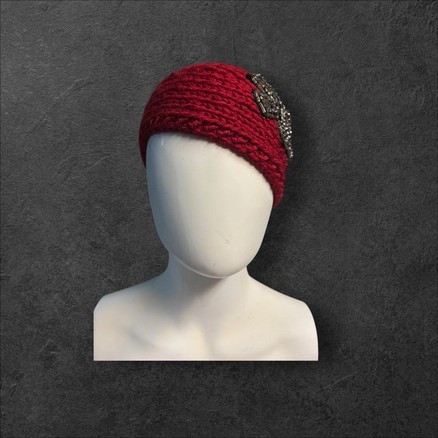 Red Crocheted Ear Warmer Headband with Beaded Bow — Cozy Winter Accessory